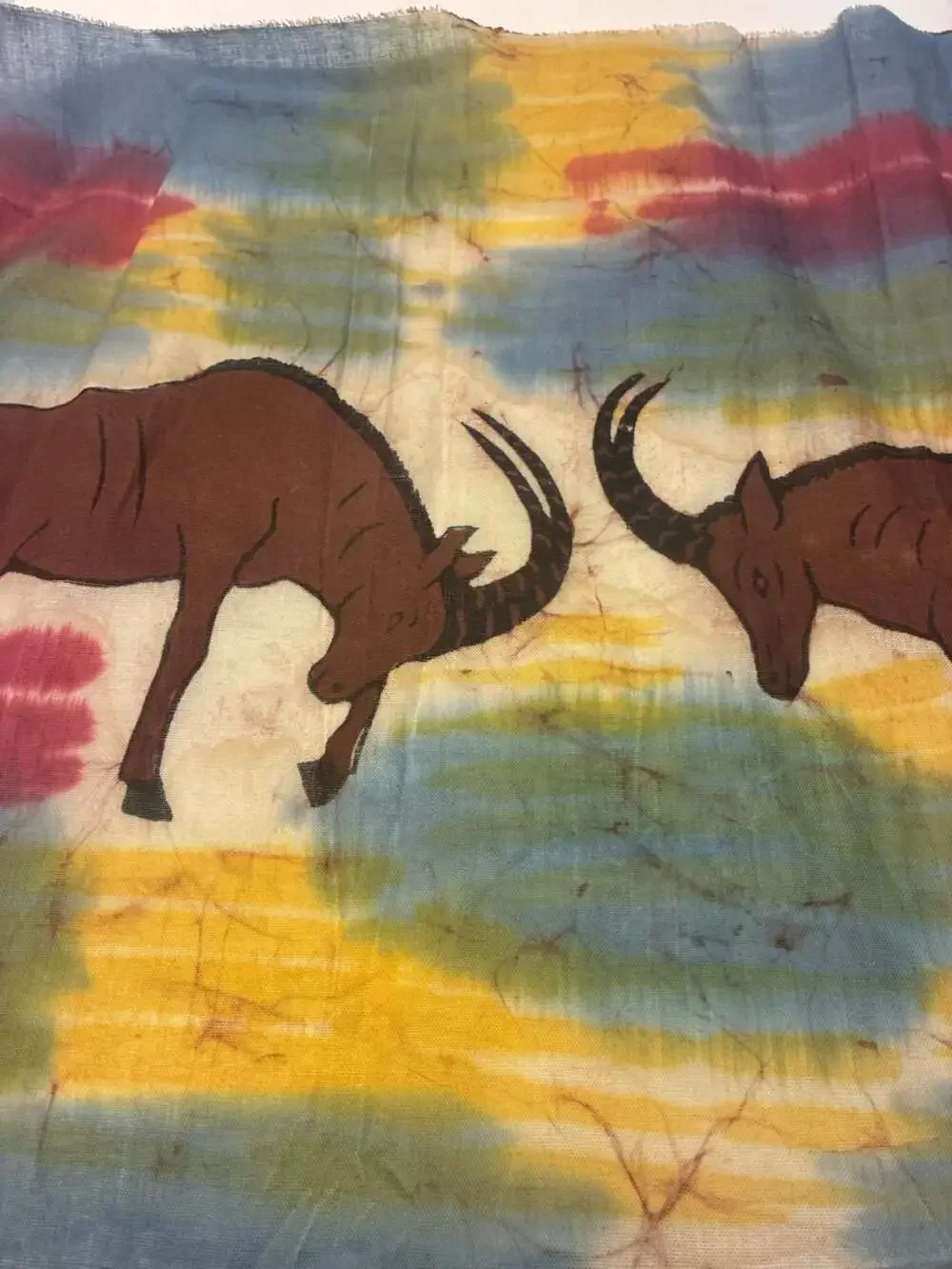 Vintage Hand-Dyed African Batik Fabric Wall Hanging with Antelope Motif